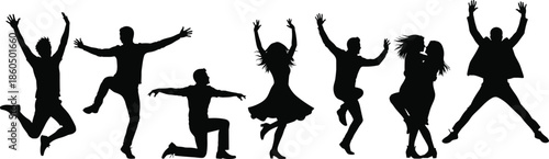 Diverse Silhouettes of Happy People Jumping Dancing and Celebrating in Joyful Group Poses Isolated on White Background for Success Concept