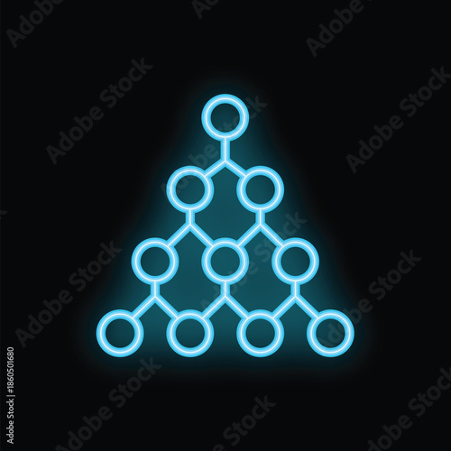 Blue neon sign depicting a hierarchical structure on a black background