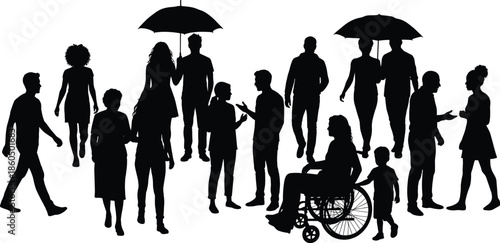Diverse silhouettes of people walking and talking including a person in a wheelchair and people with umbrellas in a crowd scene