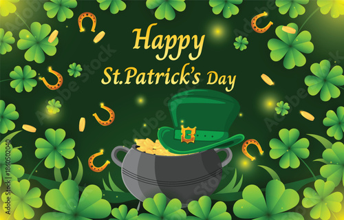 A festive st patrick s day illustration with clovers a pot of gold and a leprechaun s hat