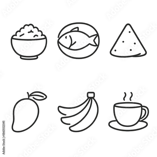 Food Line Icons – Minimal Vector Set of Bengali Meals, Fruits & Drinks