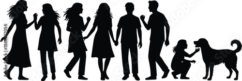 Group of Friends Silhouettes Talking Walking and Playing with Dog Isolated on White Background for Friendship Community and Lifestyle Concept