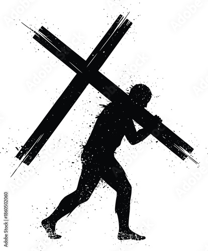 Grungy Silhouette Illustration of Jesus Carrying the Heavy Wooden Cross for Good Friday Easter Sunday Religious Christian Spiritual Wall Art Decor