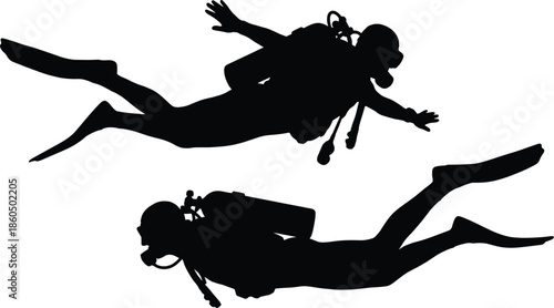 High Contrast Silhouette Illustration of Standing Armed Private Security Guard and Kneeling Tactical Police Officer with Rifle for Professional Protection