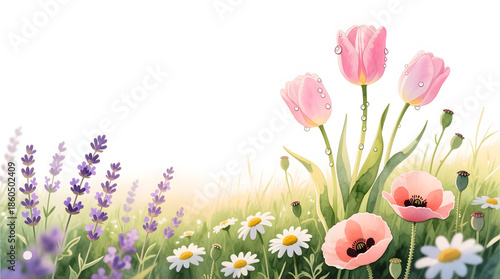 Watercolor meadow featuring a mix of lavender, daisies, and poppies along the bottom, isolated on white.