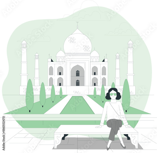 A serene illustration of a woman sitting in front of the majestic Taj Mahal monument surrounded by lush greenery