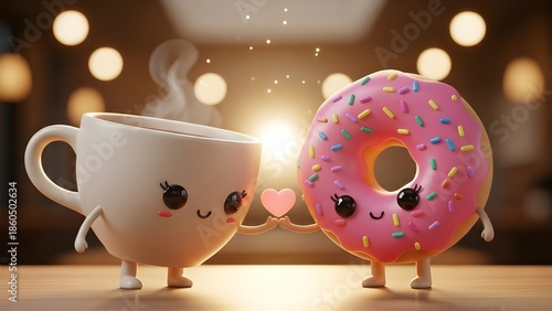 3D Cute Coffee Cup and Donut Couple Holding a Tiny Pink Heart with Warm Café Valentine Glow