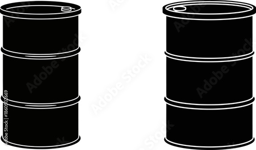 Two black industrial barrels side by side