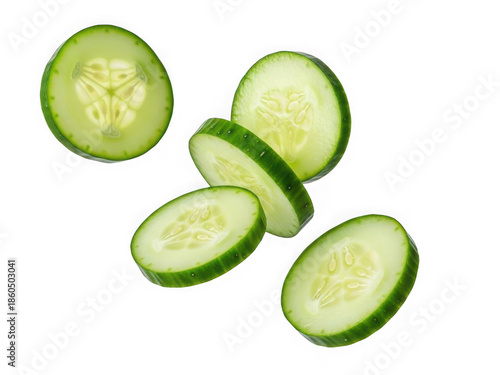 Fresh green cucumber slices floating against a transparent background, perfect for healthy eating and cooking concepts