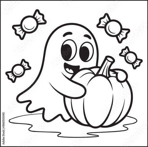Halloween coloring page for kids featuring cute boo holding pumpkin and  sweet candies black outline vector illustration for holiday craft and activities design