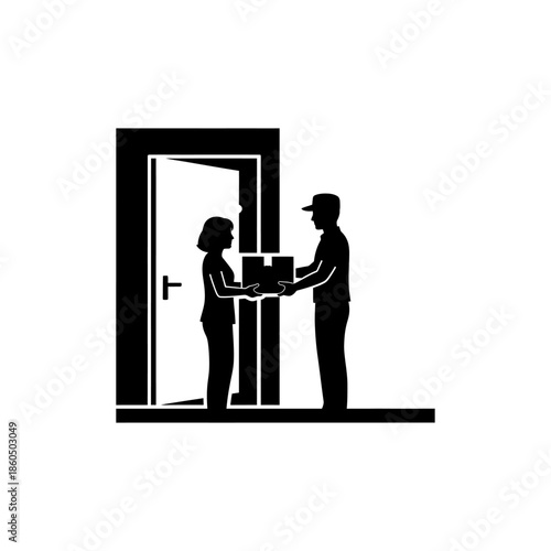 A delivery person handing a package to a customer standing in an open doorway