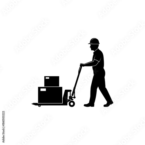 Silhouette of a worker pushing a dolly with boxes