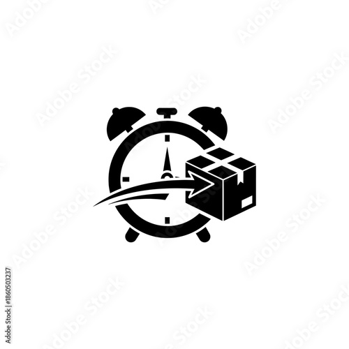 Black icon of an alarm clock with a package box and arrow indicating fast delivery on isolated