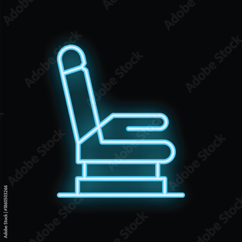 Glowing neon blue icon of an airplane seat, representing the travel and aviation industry