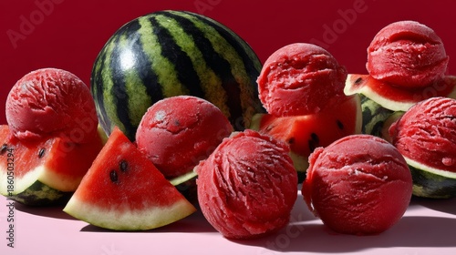 Fresh watermelon sorbet scoops surrounded by watermelon slices on a red background
