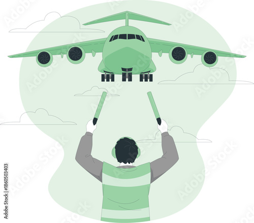 Man directing a large airplane on the ground with signal lights