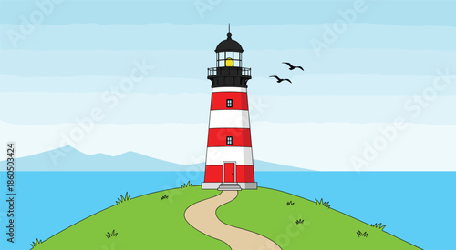 Flat vector illustration of a red and white striped lighthouse on a green grassy hill with a winding path overlooking a blue ocean with seagulls