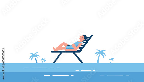 Individual unwinding on a recliner at a tranquil tropical beach beside shimmering blue water