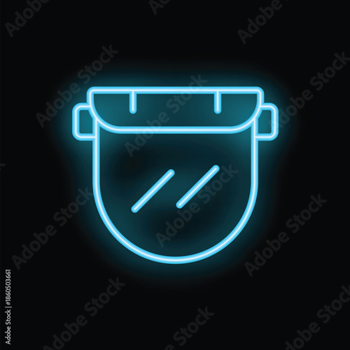 Blue neon icon of a protective plastic face shield glowing on a black background