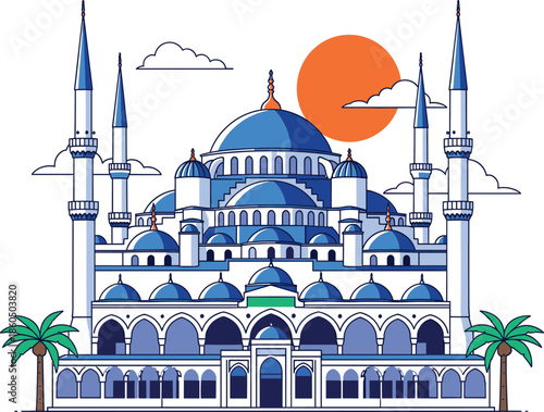 Grand mosque architecture illustration with blue domes tall minarets and palm trees at sunset for islamic culture and spiritual concepts