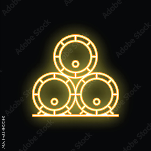 Yellow neon sign of three stacked wine barrels glowing on black background
