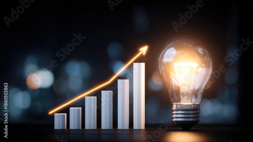 Business growth and creative idea concept with glowing light bulb and rising graph on dark bokeh background