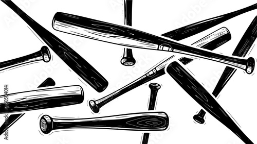 Baseball bats illustration in black and white on a clean white background
