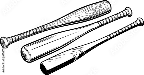 Baseball bats illustration in black and white on a clean white background
