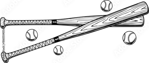 Baseball bats illustration in black and white on a clean white background
