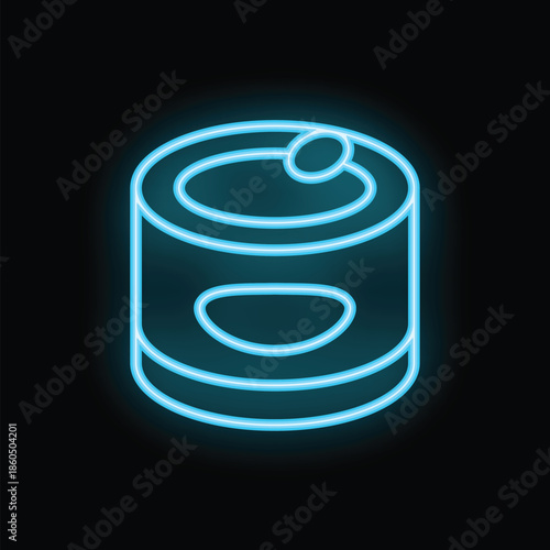 Blue neon sign depicting a tin can, set against a black background, perfect for conveying concepts related to food, preservation, or even retro aesthetics