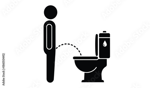 Simple black and white pictogram of a man using a toilet