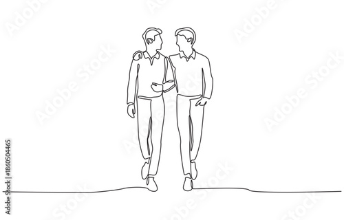 Wallpaper Mural Continuous one line drawing of two male colleagues walking together and chatting casually, symbolizing positive workplace dynamic, single line art. Torontodigital.ca