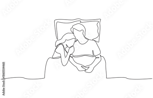 Continuous one line drawing of young woman sleeping with her head on shoulder of her boyfriend on bed, single line art.