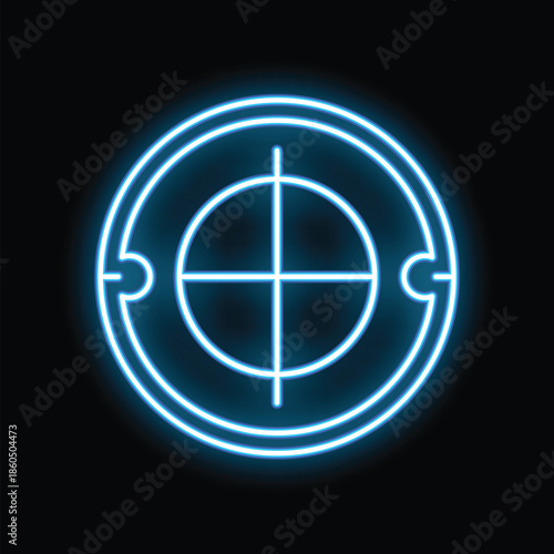 Blue neon target icon glowing on black background representing concepts such as aiming and accuracy