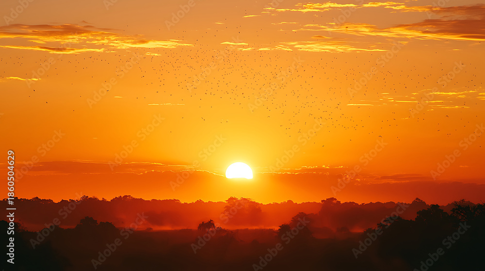 Obraz premium Vibrant Sunrise Over a Misty Horizon with Silhouetted Trees.