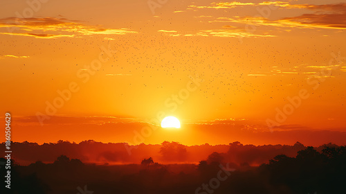 Vibrant Sunrise Over a Misty Horizon with Silhouetted Trees.