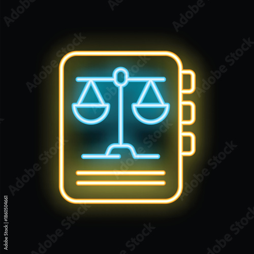 Glowing neon icon representing the concept of law, featuring scales of justice depicted on a book cover