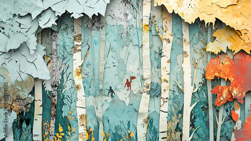 Whimsical Paper Cutout Forest Scene with Figures.