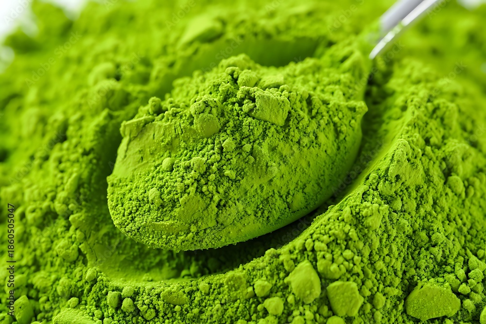 Obraz premium Close-Up Scoop of Vibrant Green Matcha Tea Powder on Textured