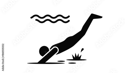 A simple black and white illustration of a person diving into water