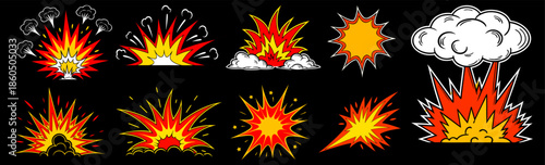 Cartoon Explosion Effects Set with Fire and Smoke on Black Background