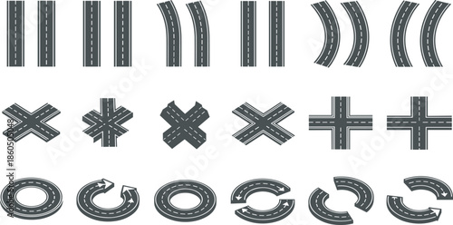 Road segment icon set, curved straight intersection roundabout illustrations, transportation infrastructure vector bundle, graphic urban planning design pack