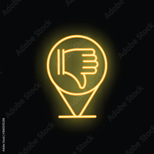 Neon yellow icon of a location pin containing a dislike thumbs down hand gesture