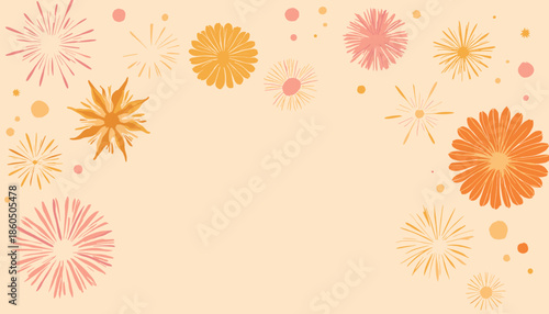 Stylized vector background featuring various types of fireworks in warm colors, copy space
