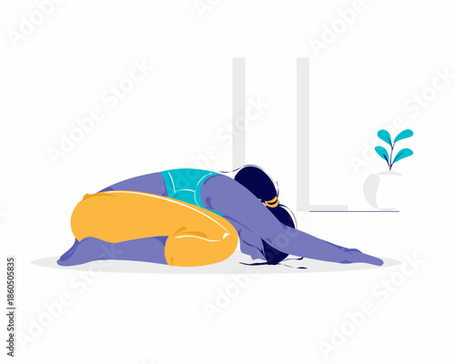 A flat vector illustration of a woman in a blue top and yellow leggings performing a child's pose yoga stretch on a mat in a minimalist room with a potted plant.