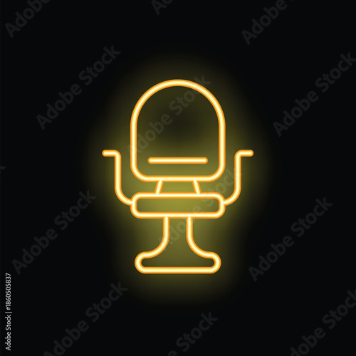 Bright yellow neon icon of a barber chair glowing on a black background