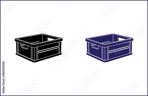 Two empty plastic storage crates in black and blue for organization and storage needs