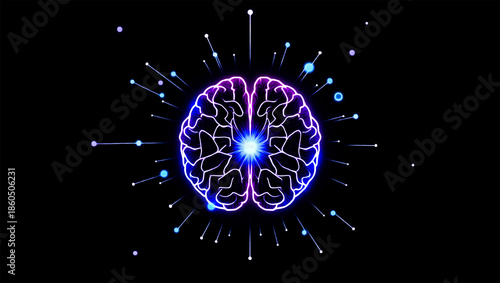 brain artificial intelligence glowing neon blue and purple with data points on black