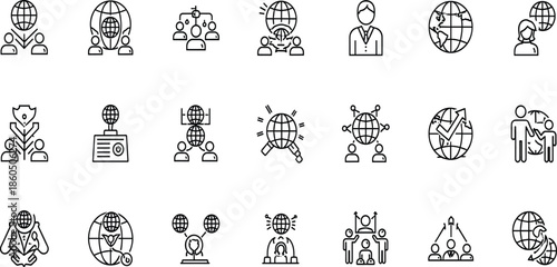 Set of black line icons for global networking teamwork international business and corporate communication featuring world globe and human figures