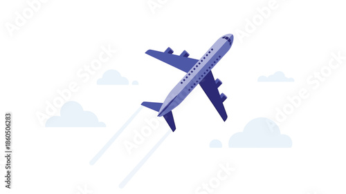 An illustrated airplane soaring through a blue sky with fluffy white clouds